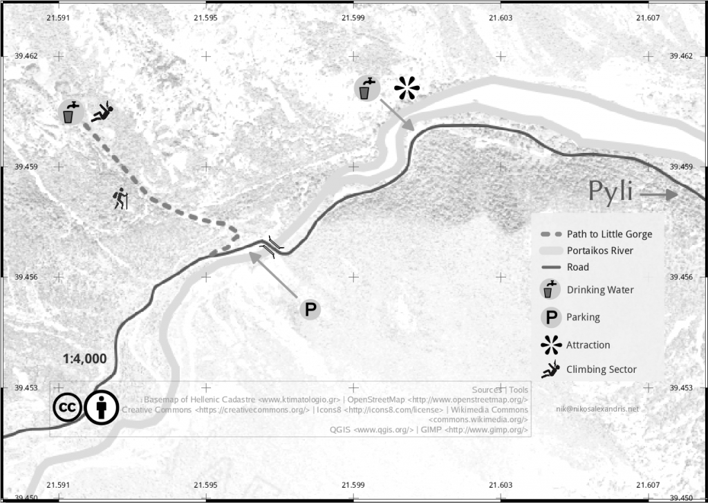 Little Gorge in Pyli, Trikala, Thessaly, Greece | Screenshot of QGIS' Composer tool looking at the region of interest | Background image loaded via WMS